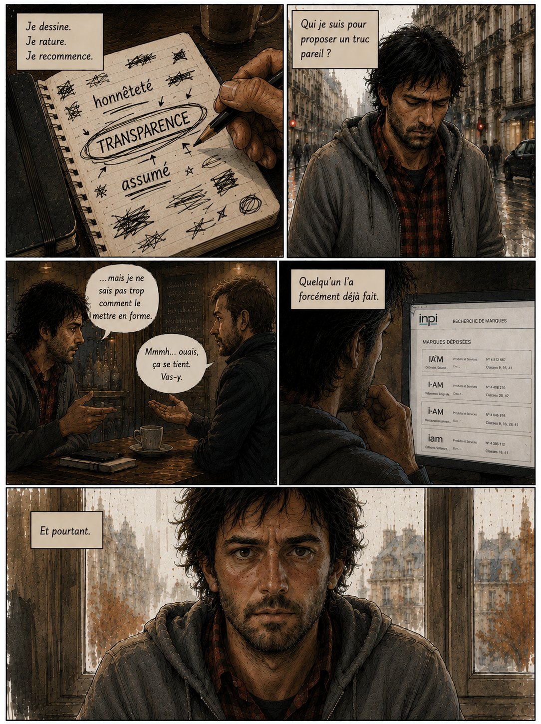 IA’m — planche 02 : Le doute — ratures, café, recherche INPI